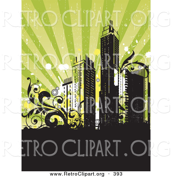 Retro Clipart of a Retro-Revival Background with City Skyscrapers with Vines, over Striped Black and Green Rays