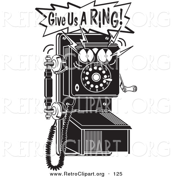 Retro Clipart of a Ringing Black and White Wall Telephone with Text
