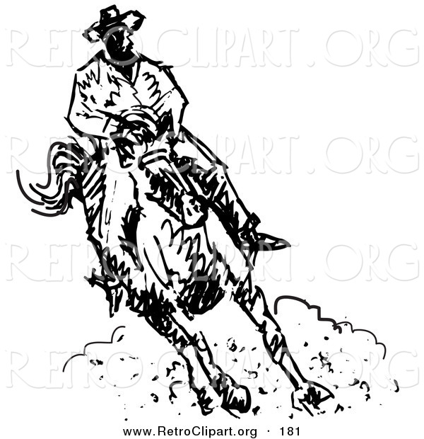 Retro Clipart of a Roper Cowboy on a Horse, Kicking up a Cloud of Dust