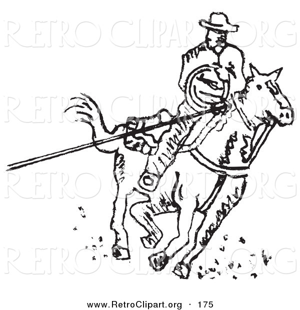 Retro Clipart of a Roper Cowboy on a Horse, Using a Lasso to Catch a Cow or Horse and Riding Right
