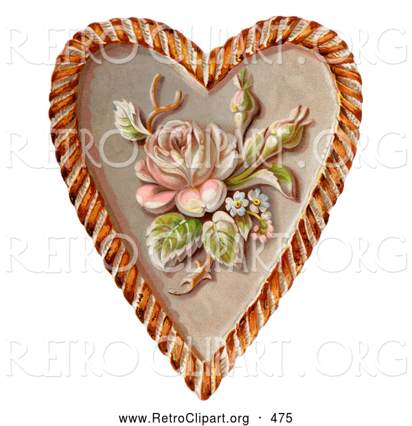 Retro Clipart of a Rose and Blossoms on a Heart, Circa 1890, on White