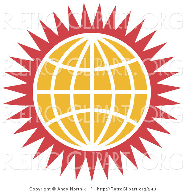Retro Clipart of a Round Orange Globe with White Lines and Red Spikes