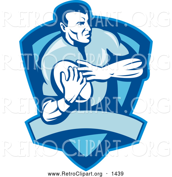 Retro Clipart of a Rugby Football Player Shield in Blue