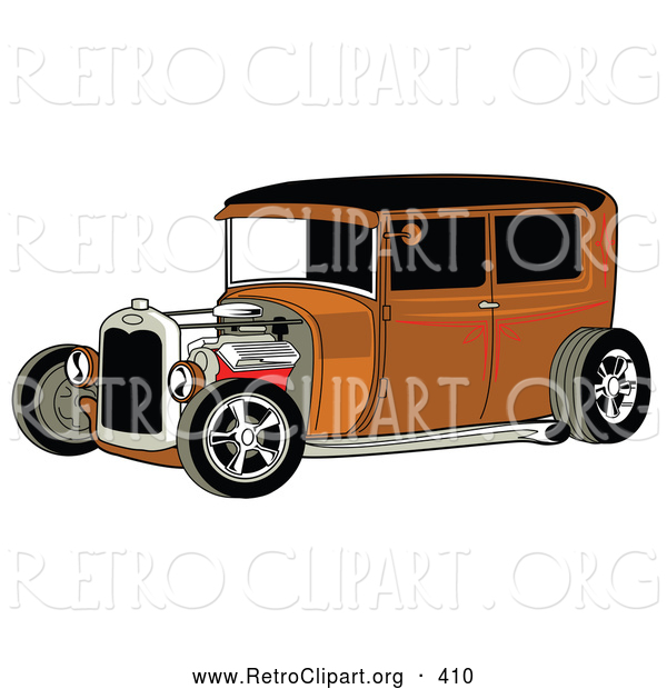 Retro Clipart of a Rust Brown Vintage Rat Rod Car with a Black Roof, Red Accents and Chrome Wheels on White