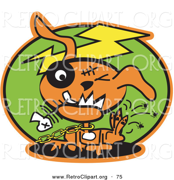 Retro Clipart of a Scary Orange Zombie Dog with Stitches and a Black Eye, Itching Fleas off of Himself and Biting a Fishbone on Green