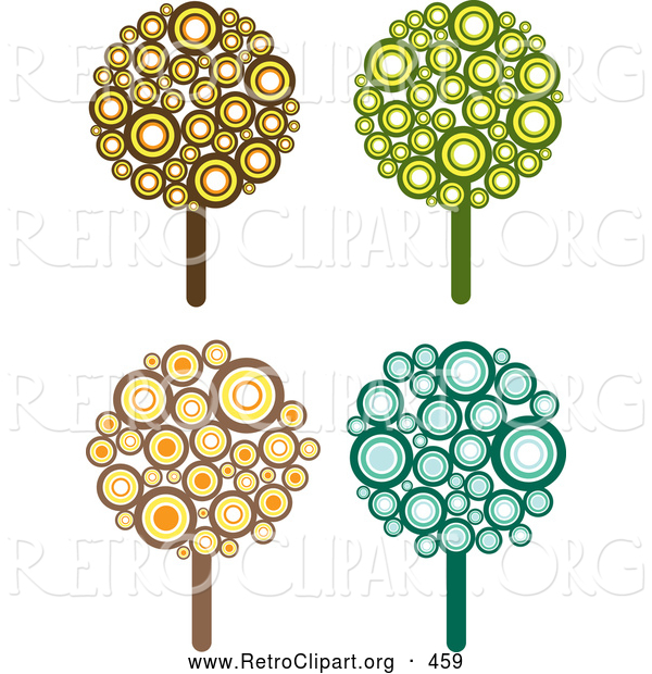 Retro Clipart of a Set of Four Retro Design Styled Trees Made of Brown, Yellow, Orange, Green and Blue Circles