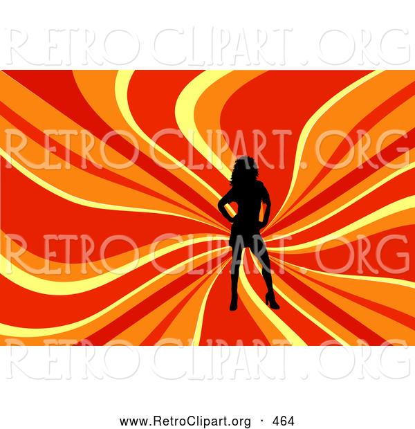 Retro Clipart of a Sexy Black Silhouetted Woman Posing over a Wavy Red, Orange and Yellow Background