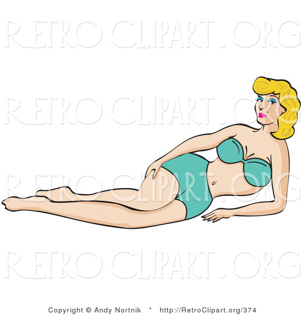 Retro Clipart of a Sexy Blond Woman Wearing a Blue Bikini and Laying Back on a Beach in the Summer