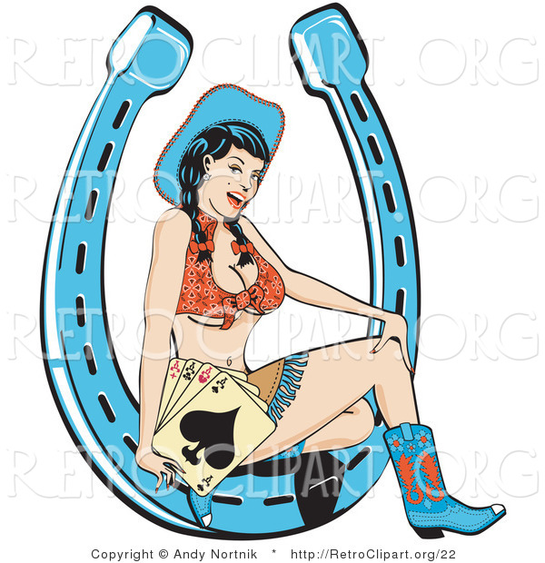 Retro Clipart of a Sexy Brunette Cowgirl in a Red Halter Top and Mini Skirt, Sitting in a Horseshoe and Holding Playing Cards in Her Hand