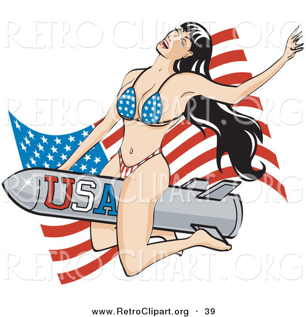 Retro Clipart of a Sexy Brunette Woman in a Stars and Stripes Bikini, Riding a USA Rocket in Front of an American Flag