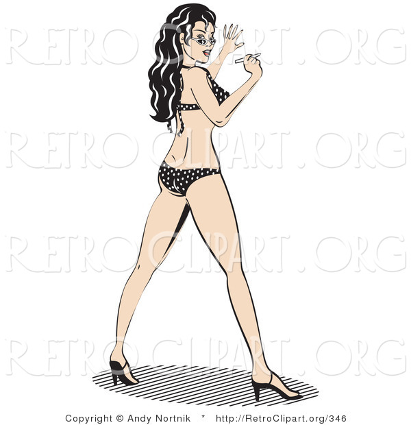 Retro Clipart of a Sexy Brunette Woman with Long Legs in a Black and White Polka Dot Bikini, Looking Back over Her Shoulder