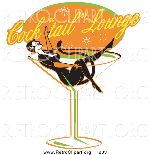 Retro Clipart of a Sexy Woman in a Cat Costume Lying in a Giant Martini Glass at a Cocktail Lounge