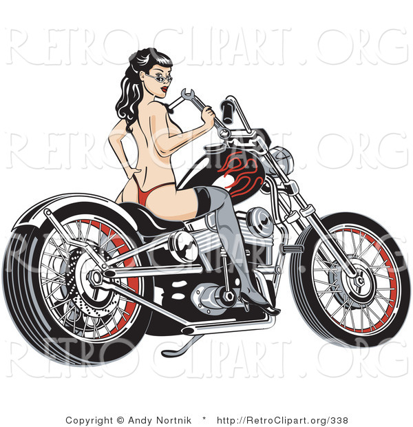 Retro Clipart of a Sexy, Young Topless Brunette Woman in a Red Thong, Stockings and Heels, Looking Back over Her Shoulder and Holding a Wrench and Sitting on a Motorcycle