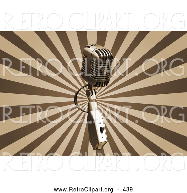 Retro Clipart of a Silver Vintage Microphone over a Bursting Brown and Tan Background