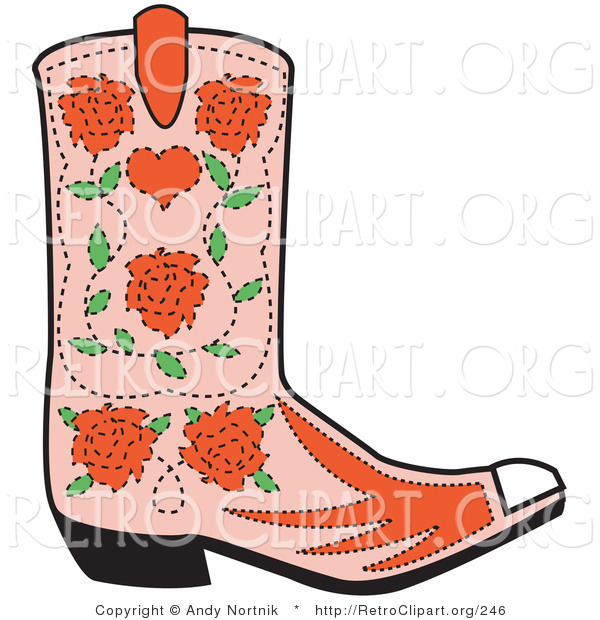 Retro Clipart of a Single Pink Cowgirl Boot with a Pattern of Red Roses