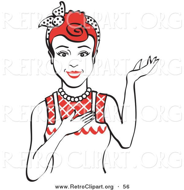 Retro Clipart of a Smiling and Friendly Red Haired Housewife, Waitress or Maid Woman Wearing an Apron and Resting One Hand on Her Chest While Holding the Other Hand up