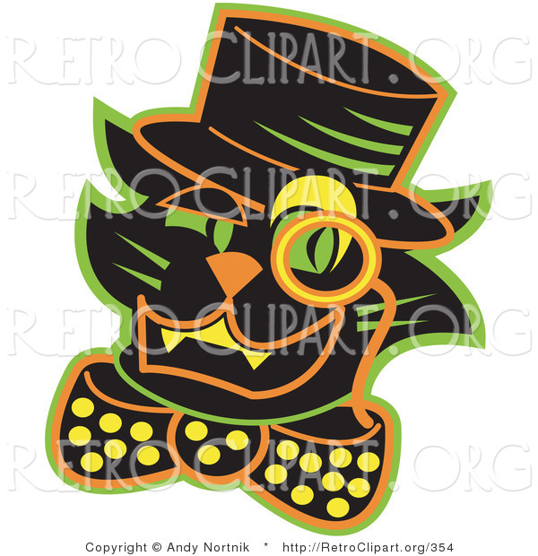 Retro Clipart of a Smiling Black Cat Wearing a Hat and a Bow and a Monacle over His Eye