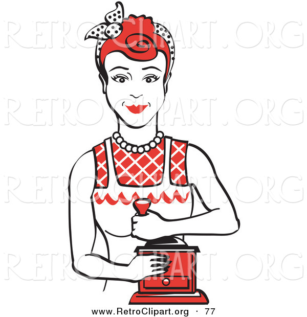 Retro Clipart of a Smiling Red Haired Housewife or Maid Woman Facing Front and Smiling While Using a Manual Coffee Grinder
