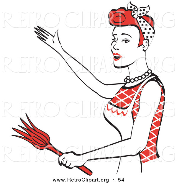 Retro Clipart of a Smiling Red Haired Housewife or Maid Woman Wearing an Apron While Singing and Dancing and Using a Feather Duster