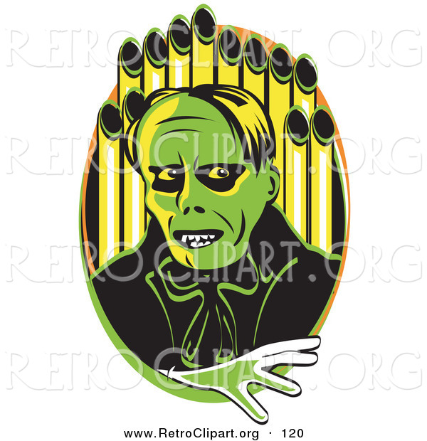 Retro Clipart of a Spooky Green Phantom Standing in Front of Pipes of an Organ