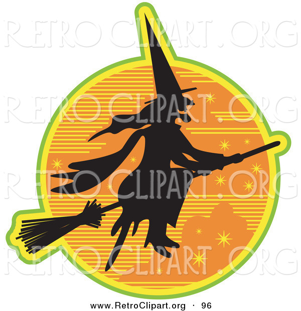 Retro Clipart of a Spooky Ugly Witch in the Traditional Black Dress and Pointy Hat, Riding on a Broomstick and Silhouetted Against an Orange Starry Night Sky