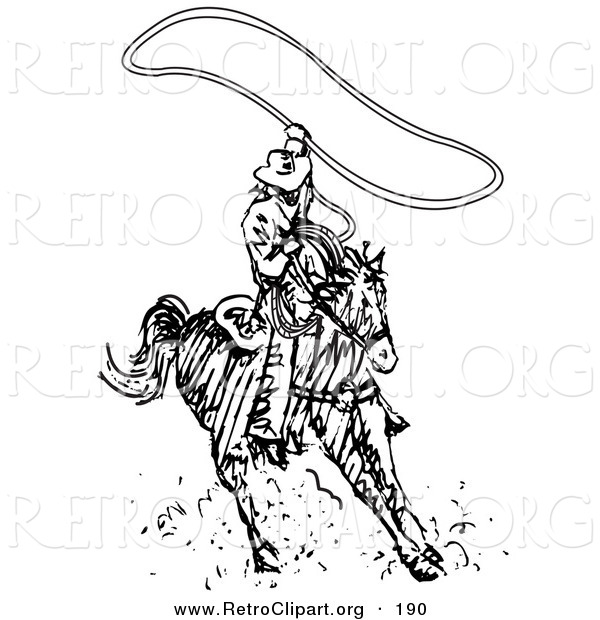 Retro Clipart of a Sporty Roper Cowboy on a Horse, Using a Lasso to Catch a Cow or Horse