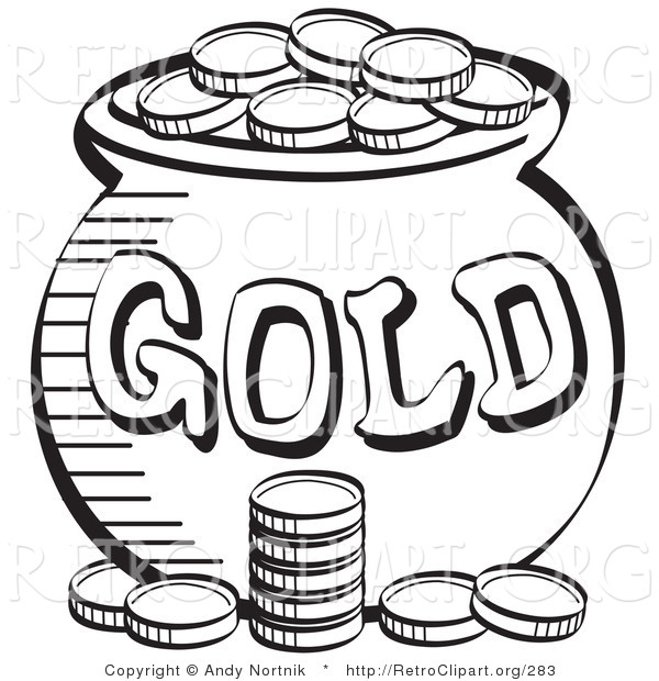 Retro Clipart of a Stack of Coins near a Cauldron of Leprechaun's Gold, Black and White