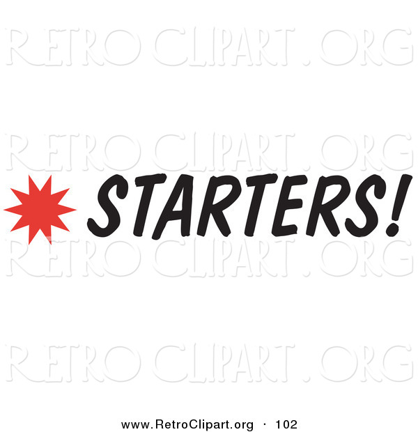 Retro Clipart of a Starters Sign with a Star Burst over White