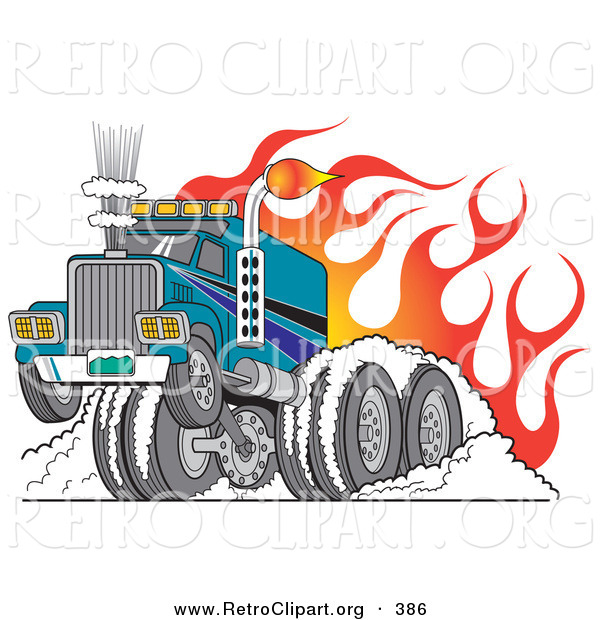 Retro Clipart of a Tough Big Rig Hot Rod Semi Truck Flaming and Smoking Its Rear Tires Doing a Burnout in Flames and a Wheelie