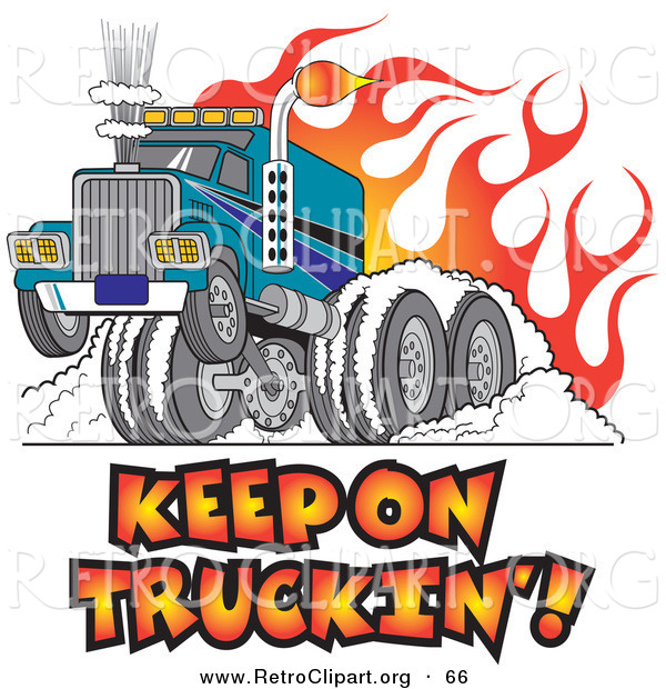 Retro Clipart of a Tough Big Rig Hot Rod Truck Flaming and Smoking Its Rear Tires Doing a Burnout in Flames and a Wheelie on White