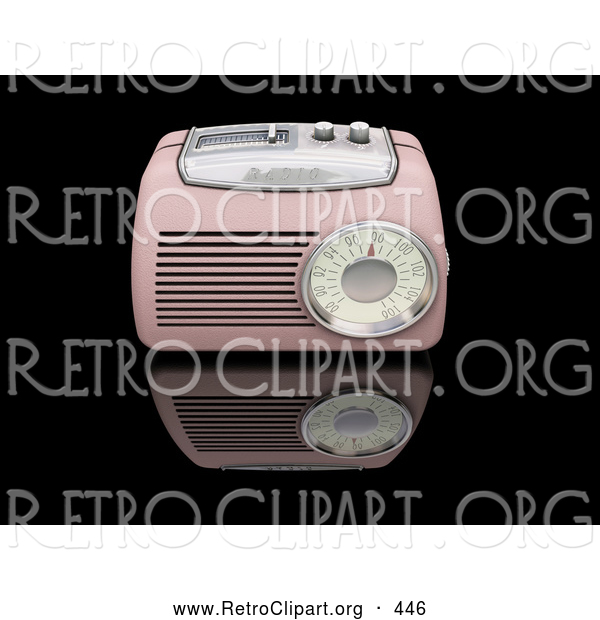 Retro Clipart of a Vintage Old Fashioned Pink Radio with a Station Tuner, on a Reflective Black Surface