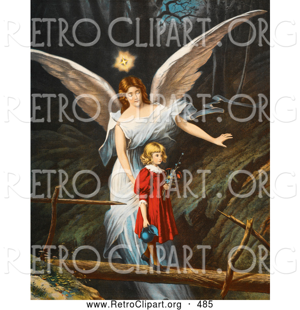 Retro Clipart of a Vintage Painting of a Female Guardian Angel Guiding a Little Girl in a Red Dress Across a Dangerous Log Bridge over a Gorge, Circa 1890