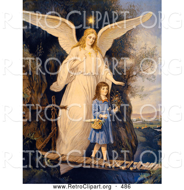 Retro Clipart of a Vintage Painting of a Female Guardian Angel Protecting a Little Girl As She Crosses a Gorge on a Narrow Bridge, Carrying a Basket and Flowers, Circa 1890