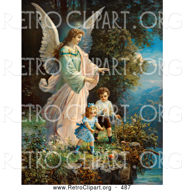 Retro Clipart of a Vintage Painting of a Guardian Angel Looking over Children near a Cliff, Circa 1890