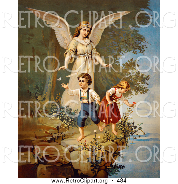 Retro Clipart of a Vintage Painting of a Guardian Angel Protecting Two Children Teetering on a Cliff, Circa 1890