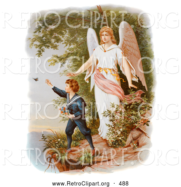 Retro Clipart of a Vintage Painting of a Guardian Angel Watching over a Child Playing near a Cliff, Circa 1890