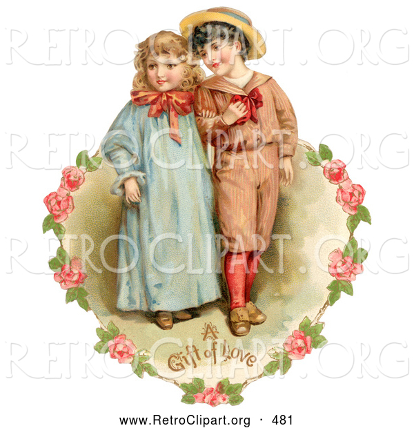 Retro Clipart of a Vintage Painting of a Sweet Little Boy and Girl Strolling Arm in Arm, Looking off to the Side, Circled by a Heart of Pink Roses Circa 1886