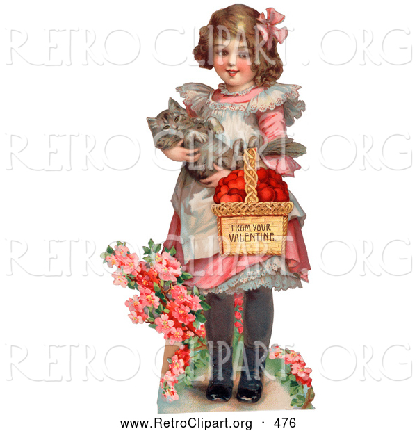 Retro Clipart of a Vintage Painting of a Sweet Little Girl Carrying a Basket of Red Hearts and a Cat in Her Arms, Walking in a Flower Garden, Circa 1885