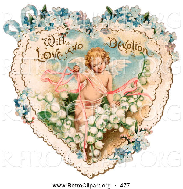 Retro Clipart of a Vintage Valentine Painting of Cupid with Ribbons, Prancing in White Lily of the Valley Flowers on a Lacy Heart with Forget Me Not Flowers, Circa 1890