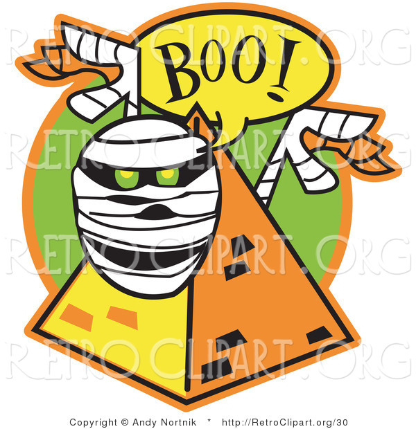 Retro Clipart of a White Mummy with Green Glowing Eyes Peeking out from Behind a Pyramid and Screaming "Boo!"