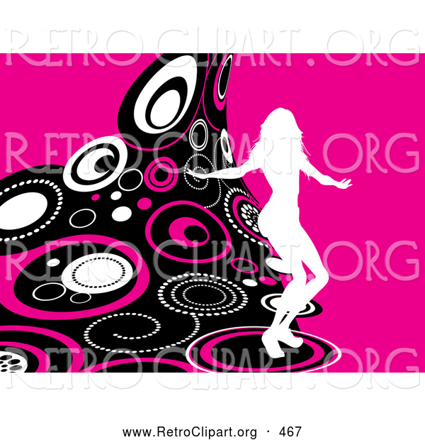Retro Clipart of a White Silhouetted Woman Party Dancing on a Wave of Retro Pink, Black and White Circles over a Pink Background