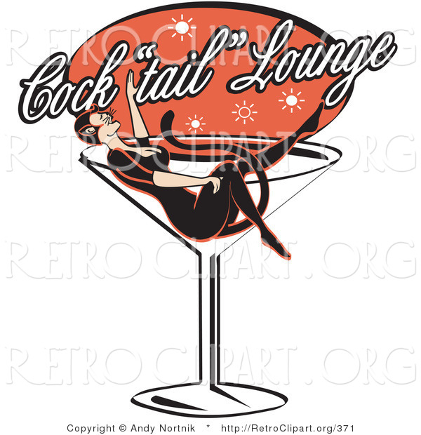 Retro Clipart of a Woman in a Cat Costume Relaxing in a Giant Martini Glass at a Cocktail Lounge