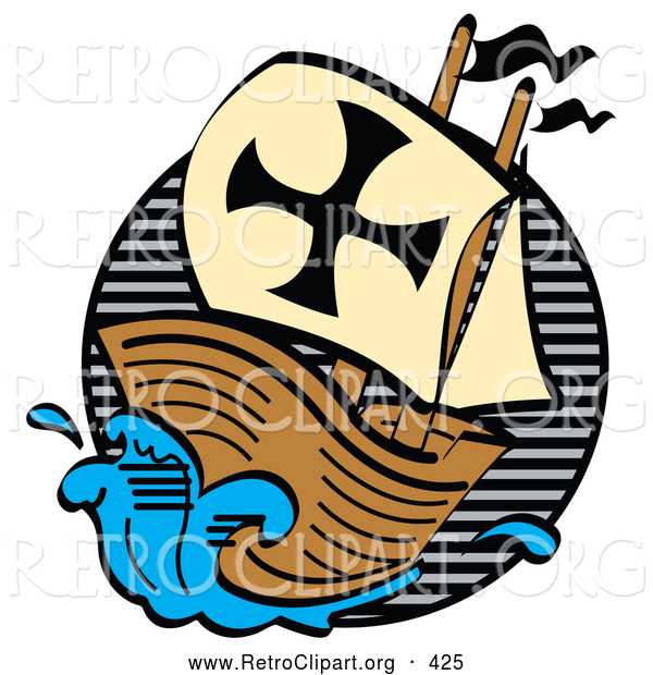 Retro Clipart of a Wood Ship, the Mayflower, Carrying Pilgrims on the Sea