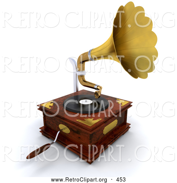 Retro Clipart of a Wooden Gramophone with a Handle and Golden Horn Playing Music from a Record, on White