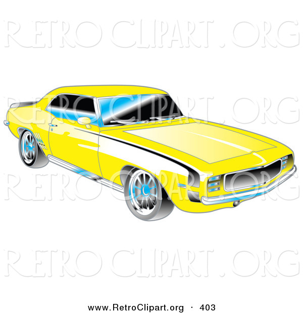 Retro Clipart of a Yellow 1969 Chevrolet RS/SS Camaro Muscle Car with Black Stripes on the Sides and Chrome Detailing Driving Right