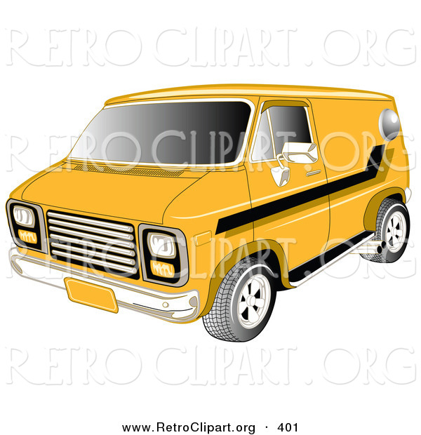 Retro Clipart of a Yellow 1979 Chevy Van with Tinted Windows and Black Striping on the Side Driving to the Left