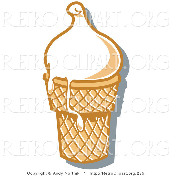 Retro Clipart of a Yummy Vanilla Ice Cream in a Cone, Melting over the Rim