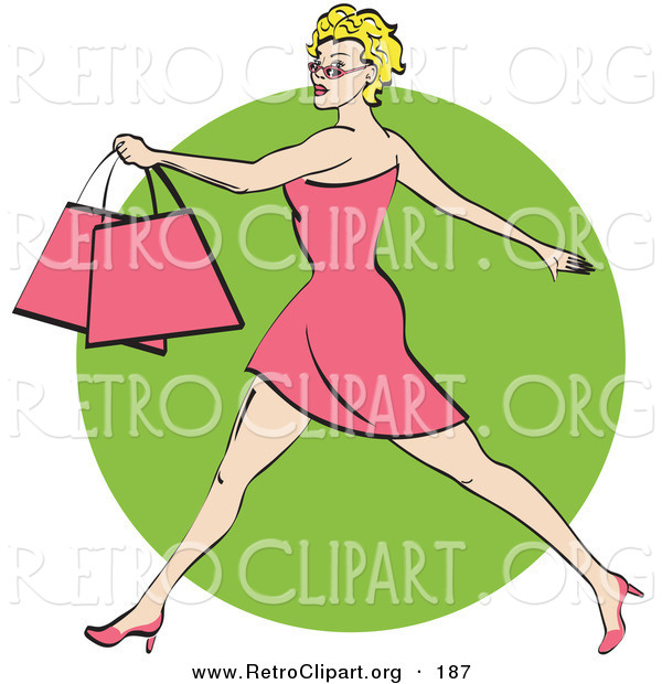 Retro Clipart of an Attractive Blond Woman with Short Hair Taking Long Strides and Carrying Shopping Bags Clipart Illustration