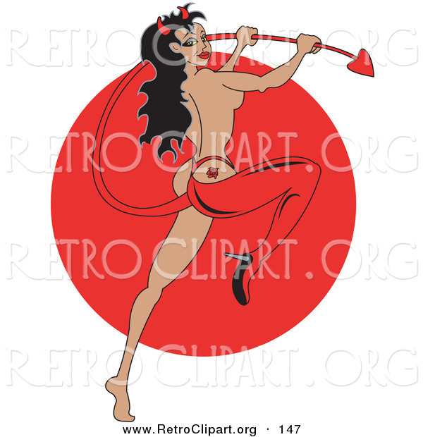Retro Clipart of an Attractive Brunette Pinup Woman Modeling in a Red High Heel and Devil Costume, Holding Her Tail and Sporting a Rose Tattoo on Her Butt