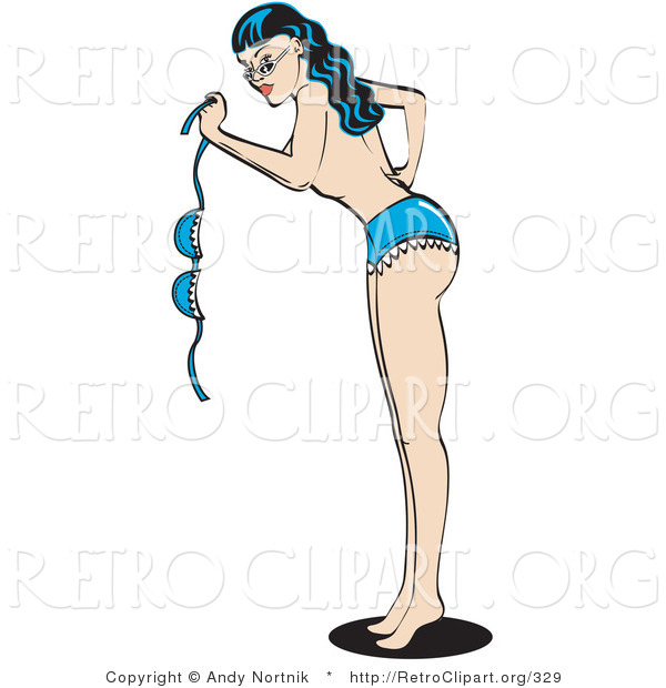 Retro Clipart of an Attractive Brunette Woman in a Denim Bikini, Waving Her Bikini Top and Standing Topless